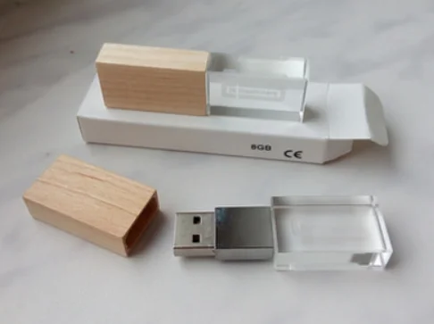Reklamní USB disky s LED a svítícím logem, kombinace dřevo+kov+sklo - Logo se obvykle provádí laserem do skla, ale možný je i potisk na sklo, i plnoba...